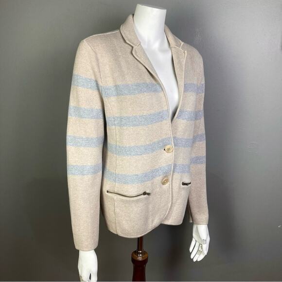 Talbots sweater blazer Large‎ cardigan gray beige stripe cotton tailored spring